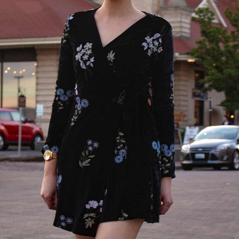 Black Velvet Embroidered Wrap Dress